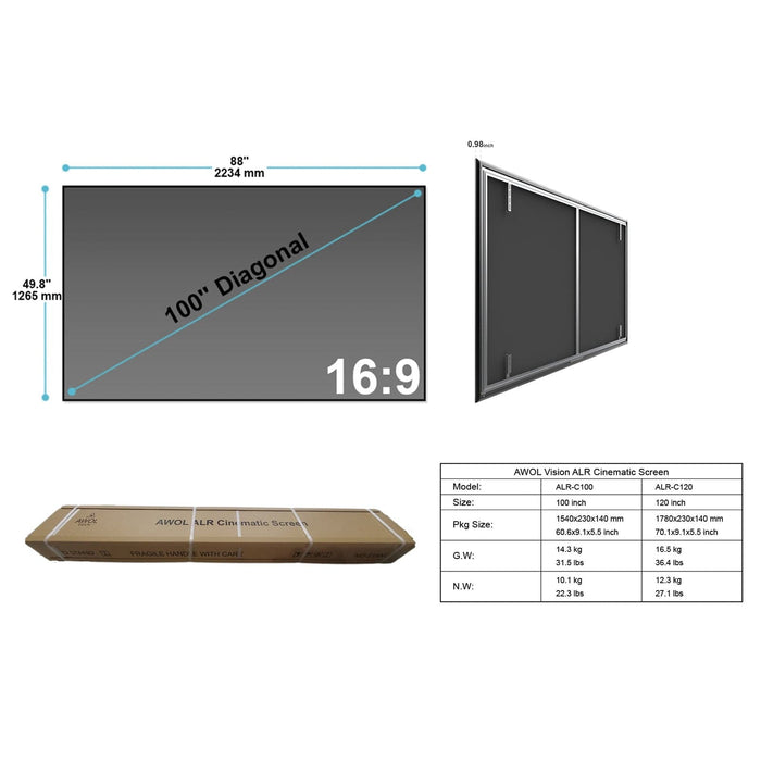 AWOL Vision ALR-C150 Cinematic 73.5 x 130.7" ALR UST Fixed Frame Projection Screen