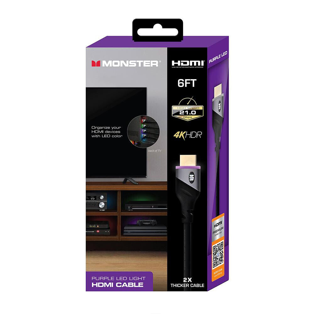 Monster MHV1-1026-PUR 6 Feet 4K HDR 21 Gbps Purple LED Light HDMI Cable