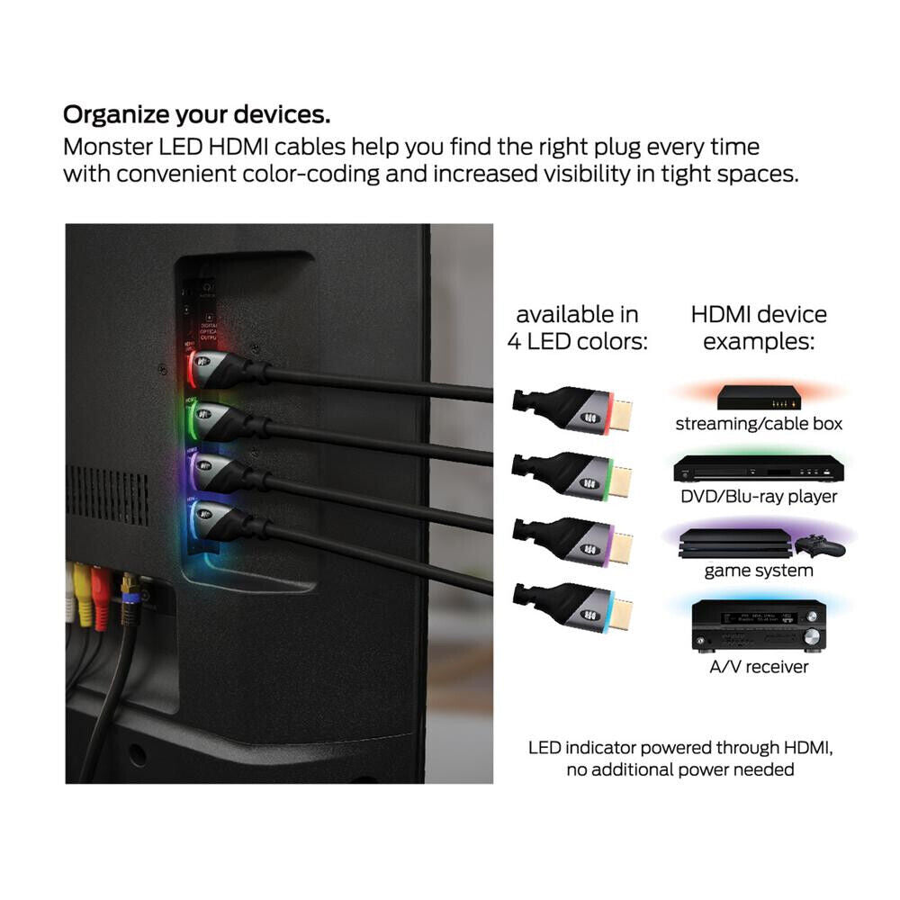 Monster MHV1-1026-PUR 6 Feet 4K HDR 21 Gbps Purple LED Light HDMI Cable