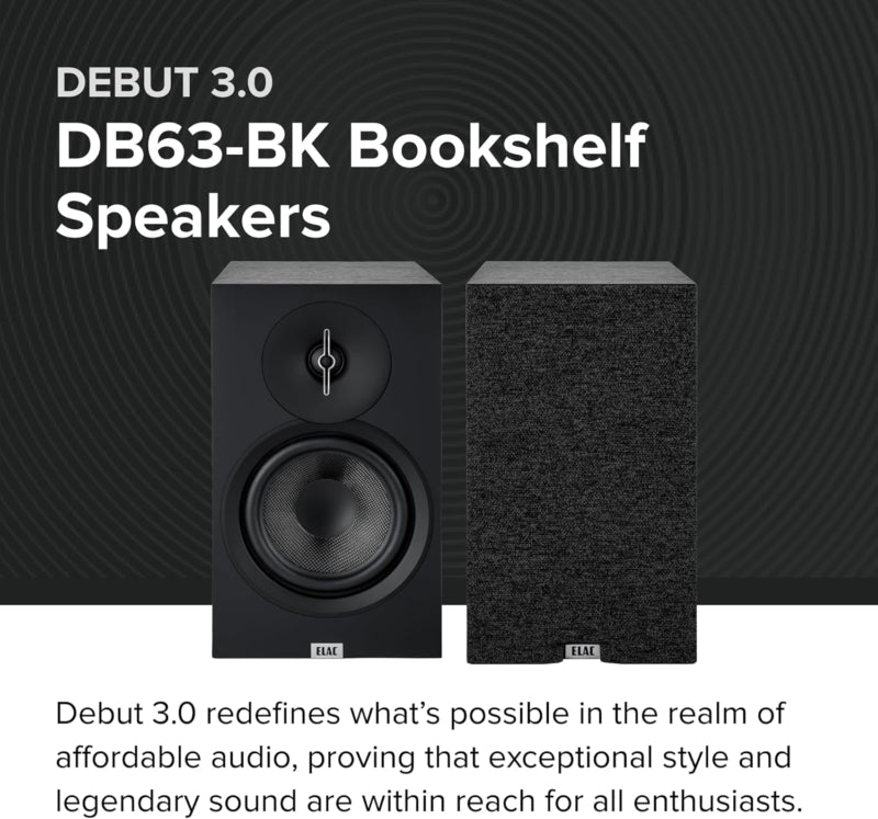 Debut 3.0 DB63-BK Bookshelf Speaker, Black Ash (Pair) - 1” Aluminum Dome Tweeter