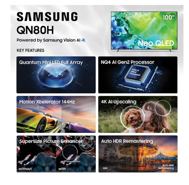 Samsung QN100QN80HFXZA 100” Series Neo QLED Mini LED 4K UHD AI Smart TV (2026)