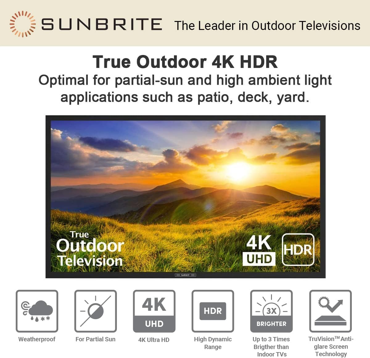 SunBrite 43-Inch Outdoor Television 4K with HDR - Signature 2 Series - for Partial Sun SB-S2-43-4K-BL (Black)