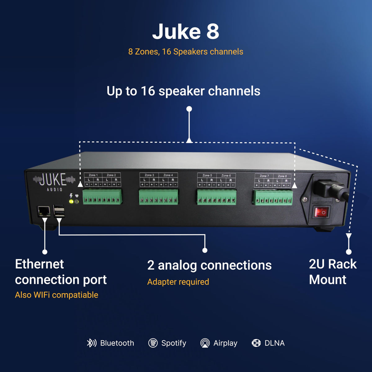 Juke-8 - 8 Zone Multi-Room Amplifier with AirPlay 2 and Bluetooth Audio